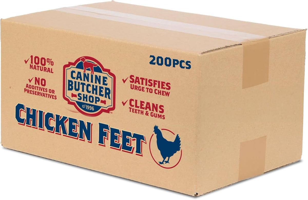 Canine Butcher Shop chicken feet treats 200-pack front view for durable chew sessions