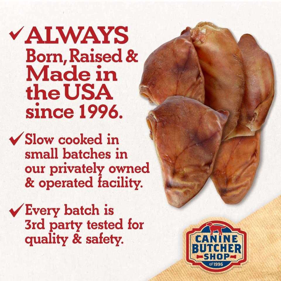 Canine Butcher Shop USA-sourced pig ears offer a natural chew.