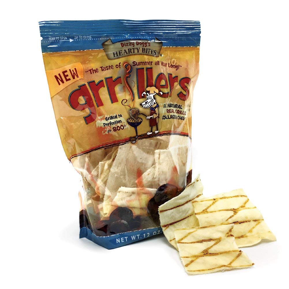 Canine Butcher Shop rawhide grillers chip close-up with grill marks for bold flavor and chewing entertainment.