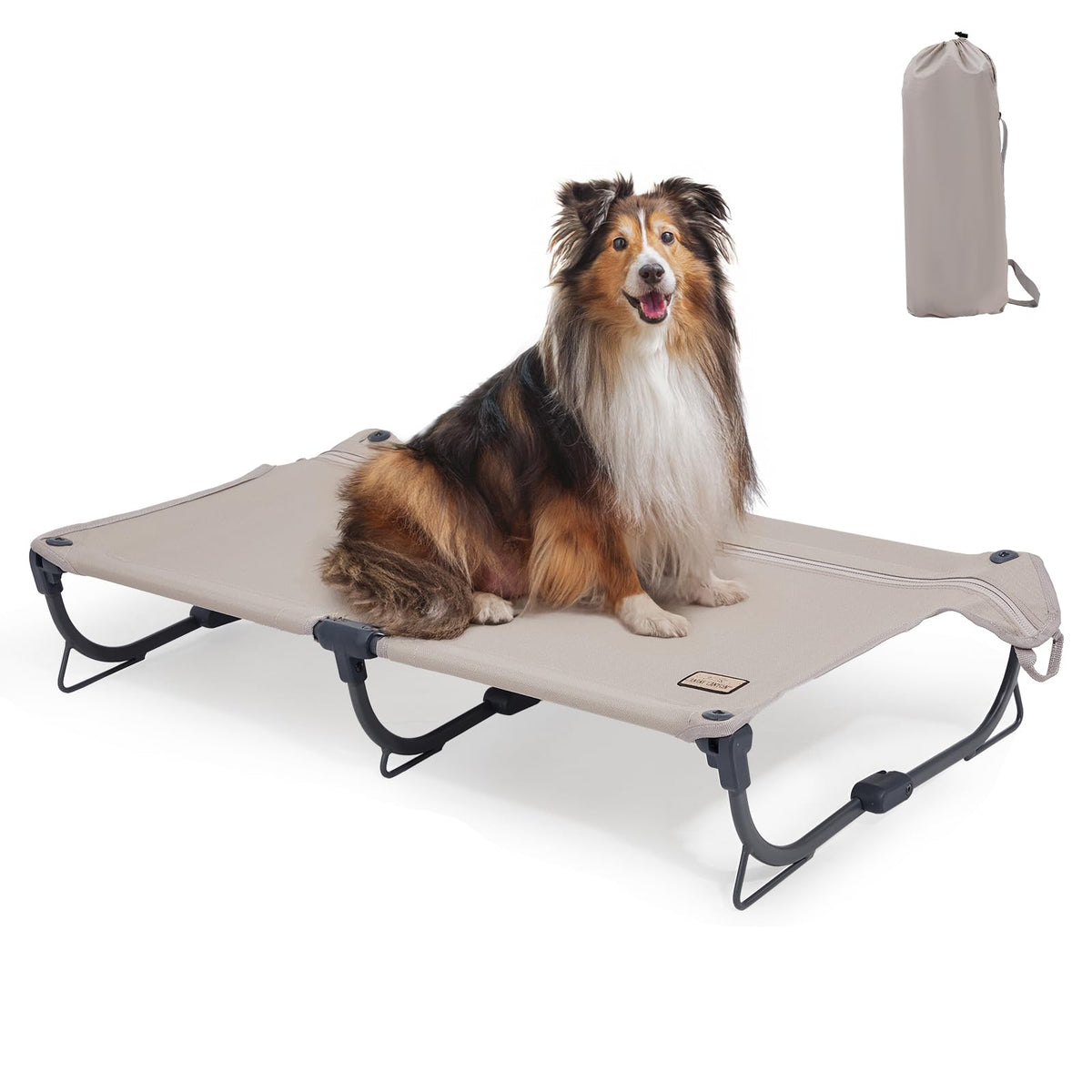 CANINE CANYON Daisy Cot folded compactly for travel and camping.