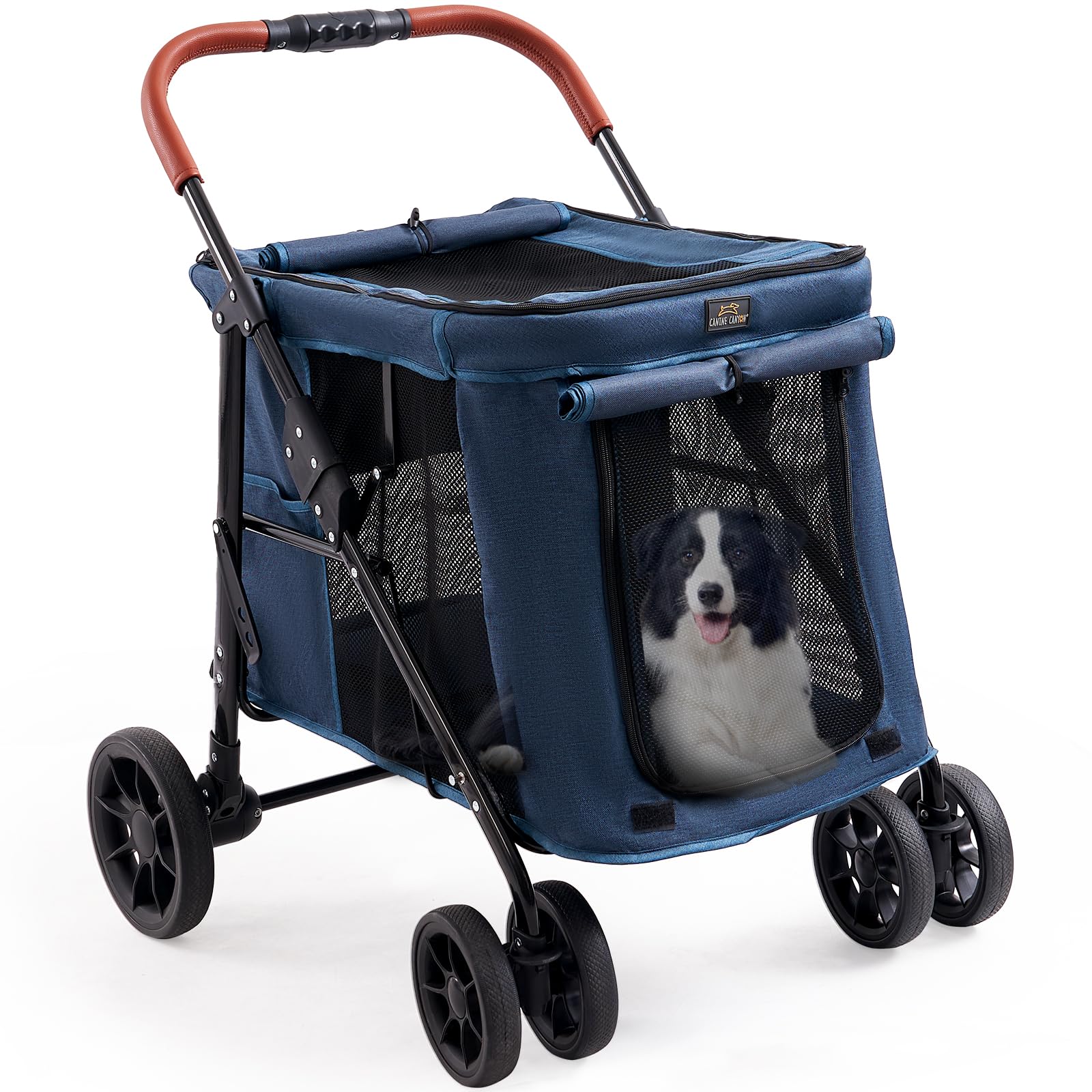 CANINE CANYON Scout stroller with panoramic mesh windows for airy viewing.