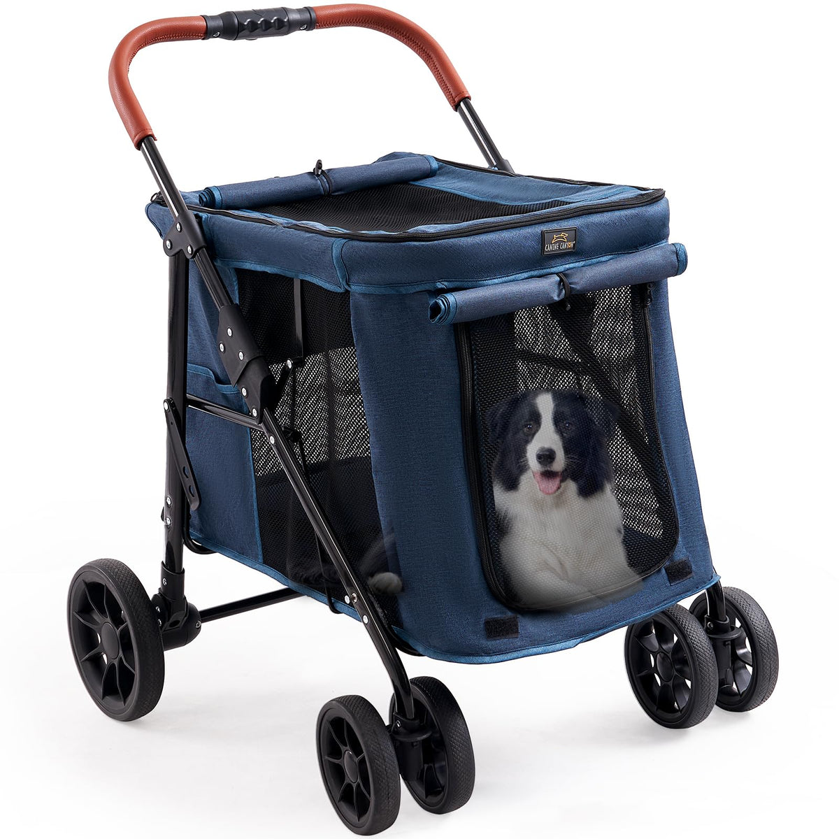 CANINE CANYON Scout stroller with panoramic mesh windows for airy viewing.