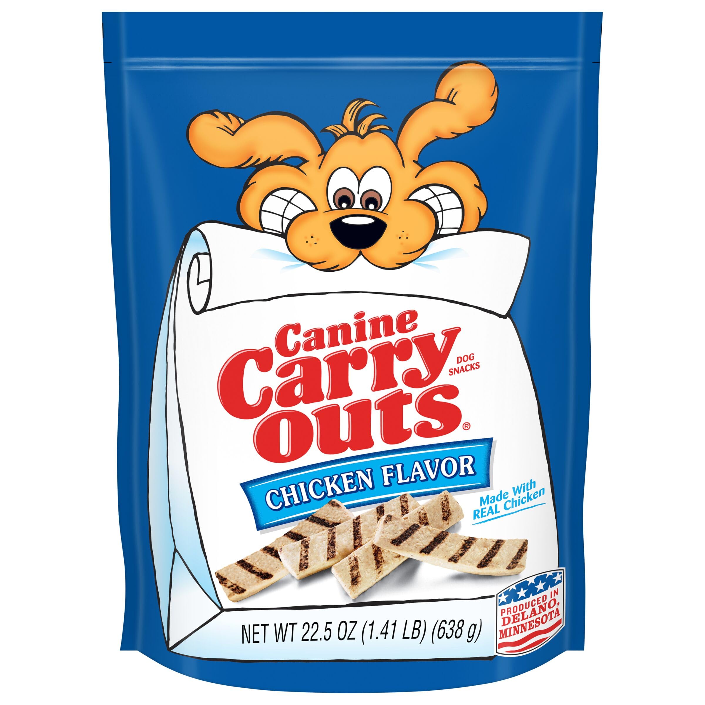 Canine Carry Outs Chicken Flavor dog treats in a bag showing real chicken for rewarding your dog.