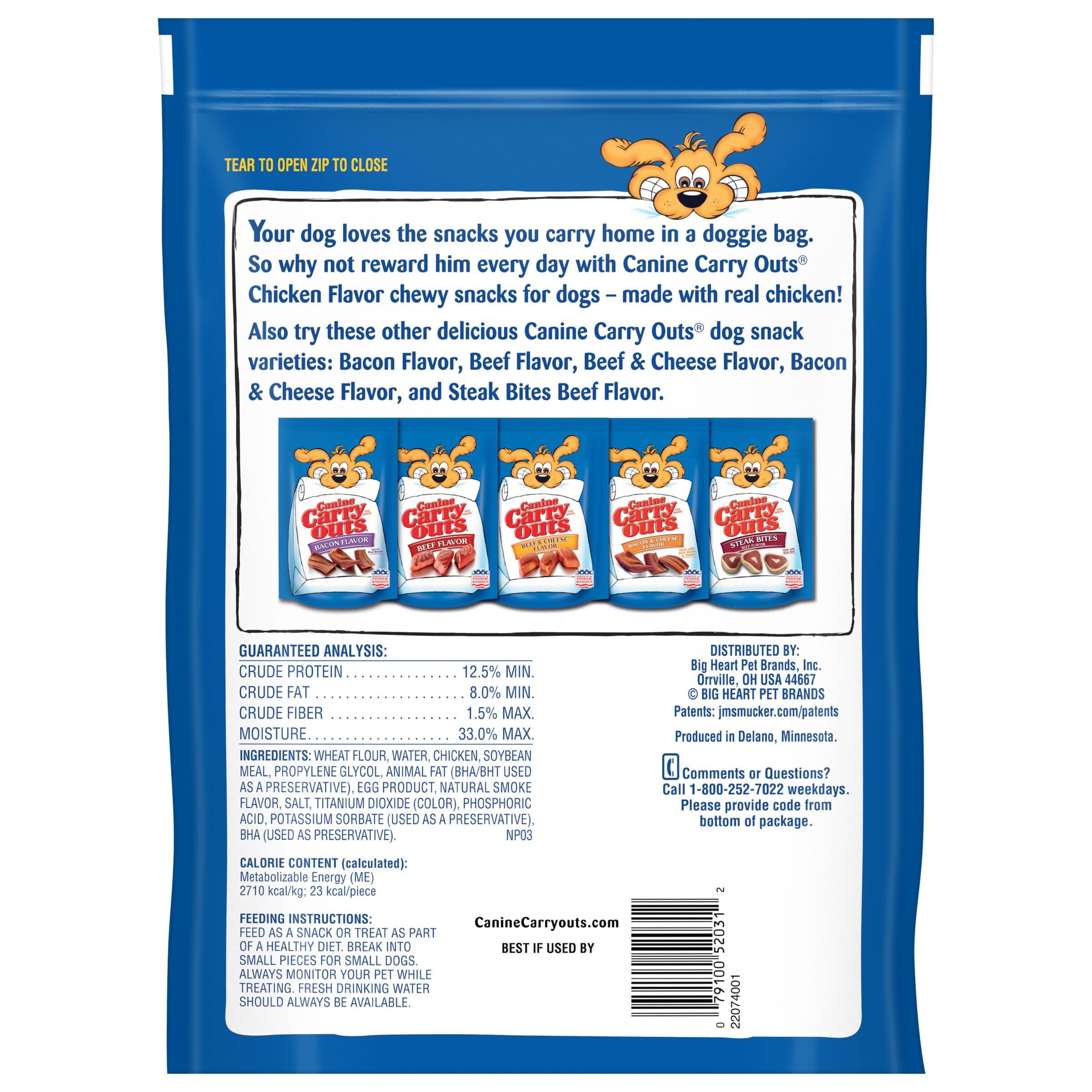 Canine Carry Outs Chicken Flavor, made with real chicken for savory snacking.
