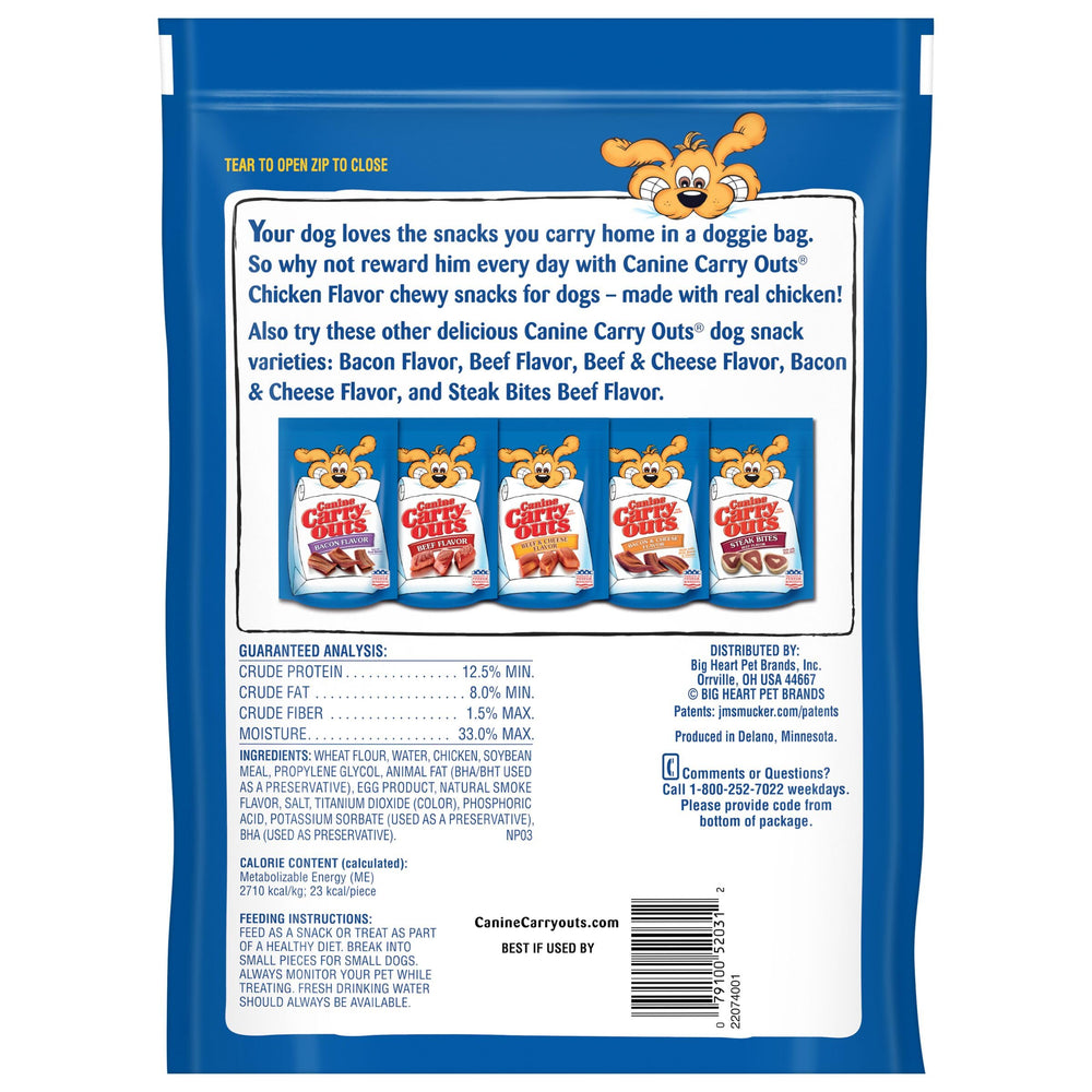 Canine Carry Outs Chicken Flavor, made with real chicken for savory snacking.