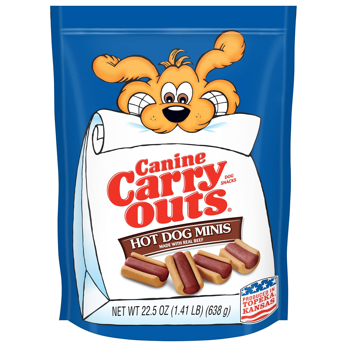Canine Carry Outs Hot Dog Minis pack image highlighting soft beef treats your dog will love.