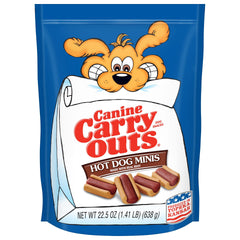 Canine Carry Outs Hot Dog Minis pack image highlighting soft beef treats your dog will love.