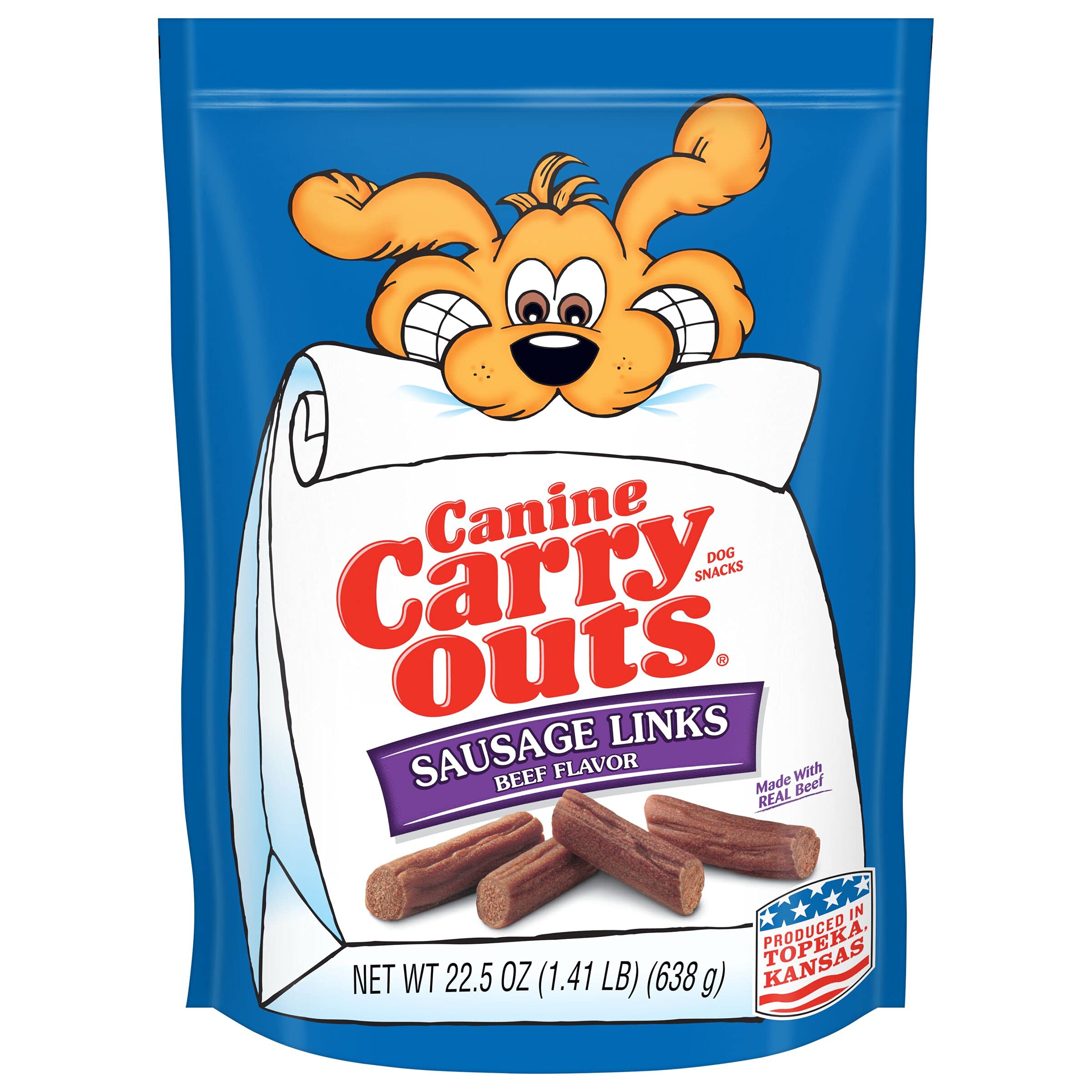 Canine Carry Outs Sausage Links Beef Flavor in a soft chew, ideal for training rewards