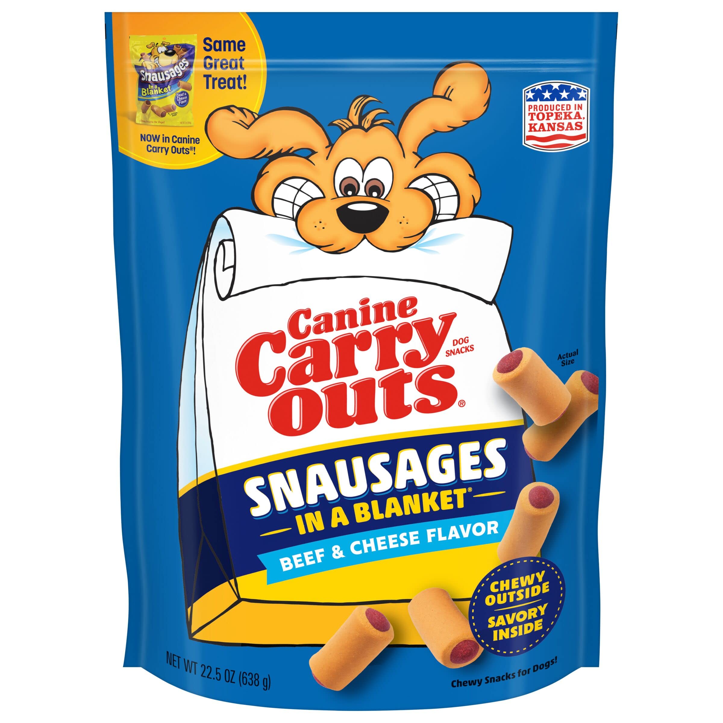 Canine Carry Outs Snausages in a Blanket with beef and cheese outer shell, tasty training snack.