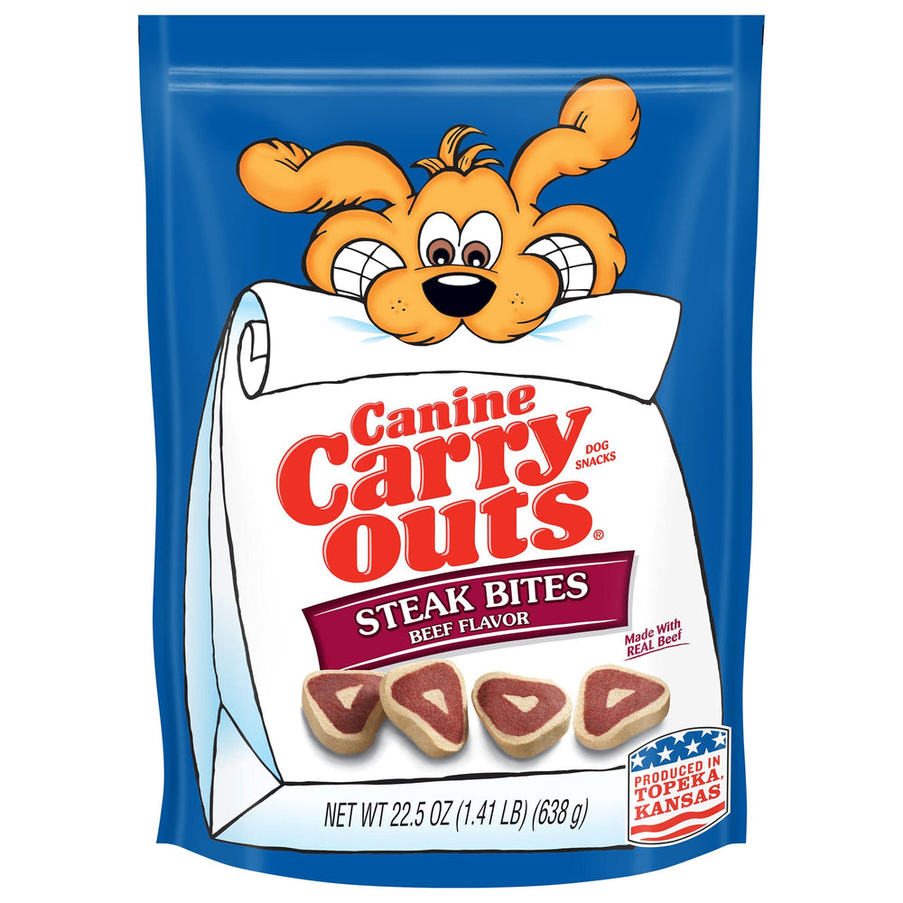 Canine Carry Outs steak bites beef flavor pack-4: soft, real-beef treats for dogs.