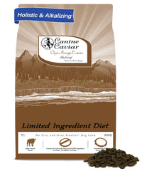 Canine Caviar buffalo dog food bag showing grain-free formula for sensitive digestion.