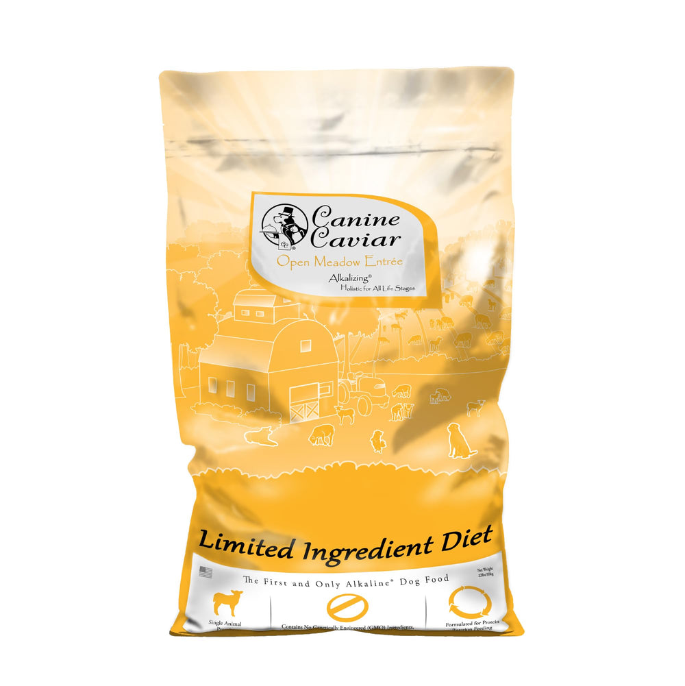 Canine Caviar Open Meadow lamb bag front shows limited-ingredient formula for dogs
