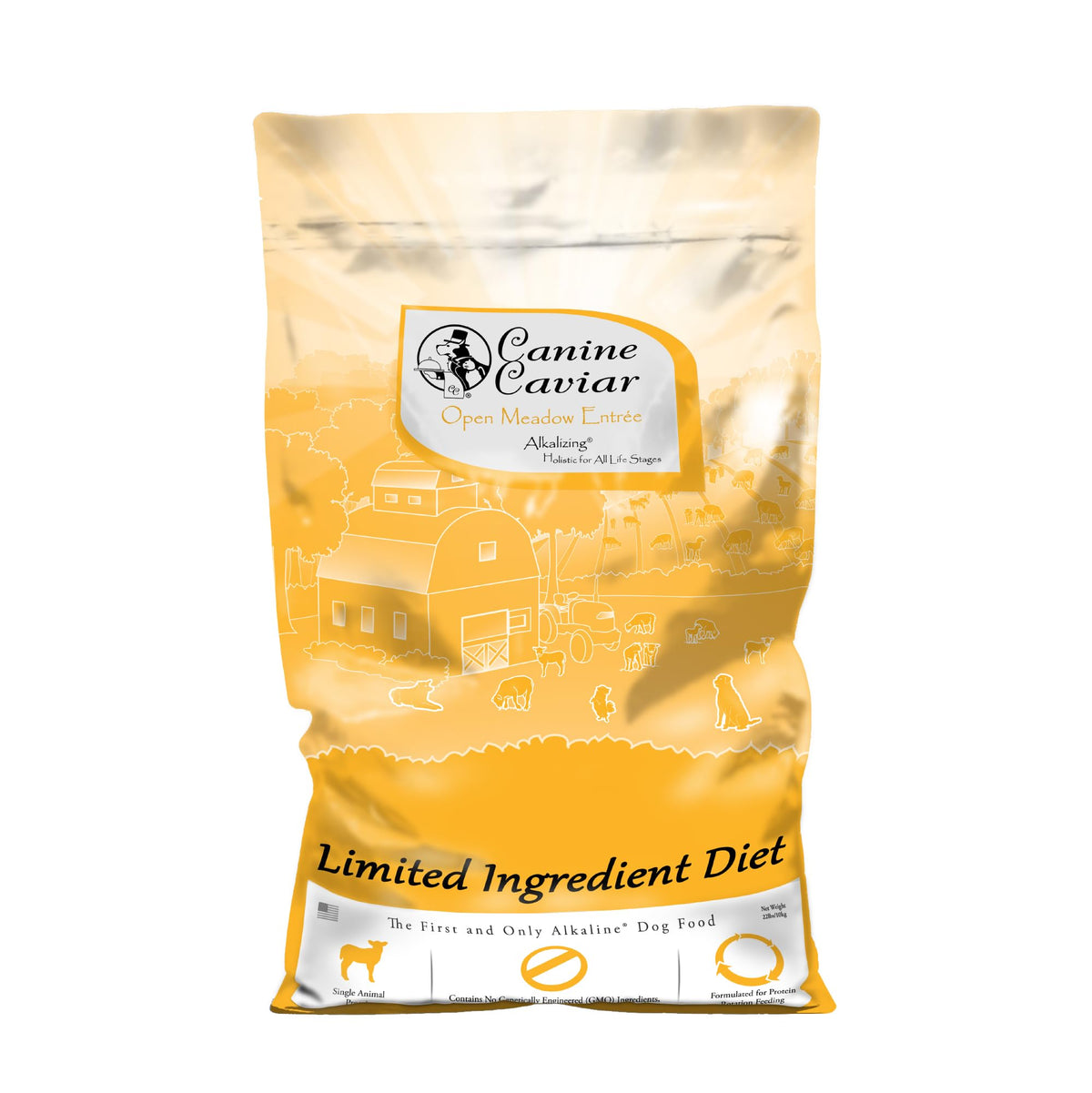 Canine Caviar Open Meadow lamb bag front shows limited-ingredient formula for dogs