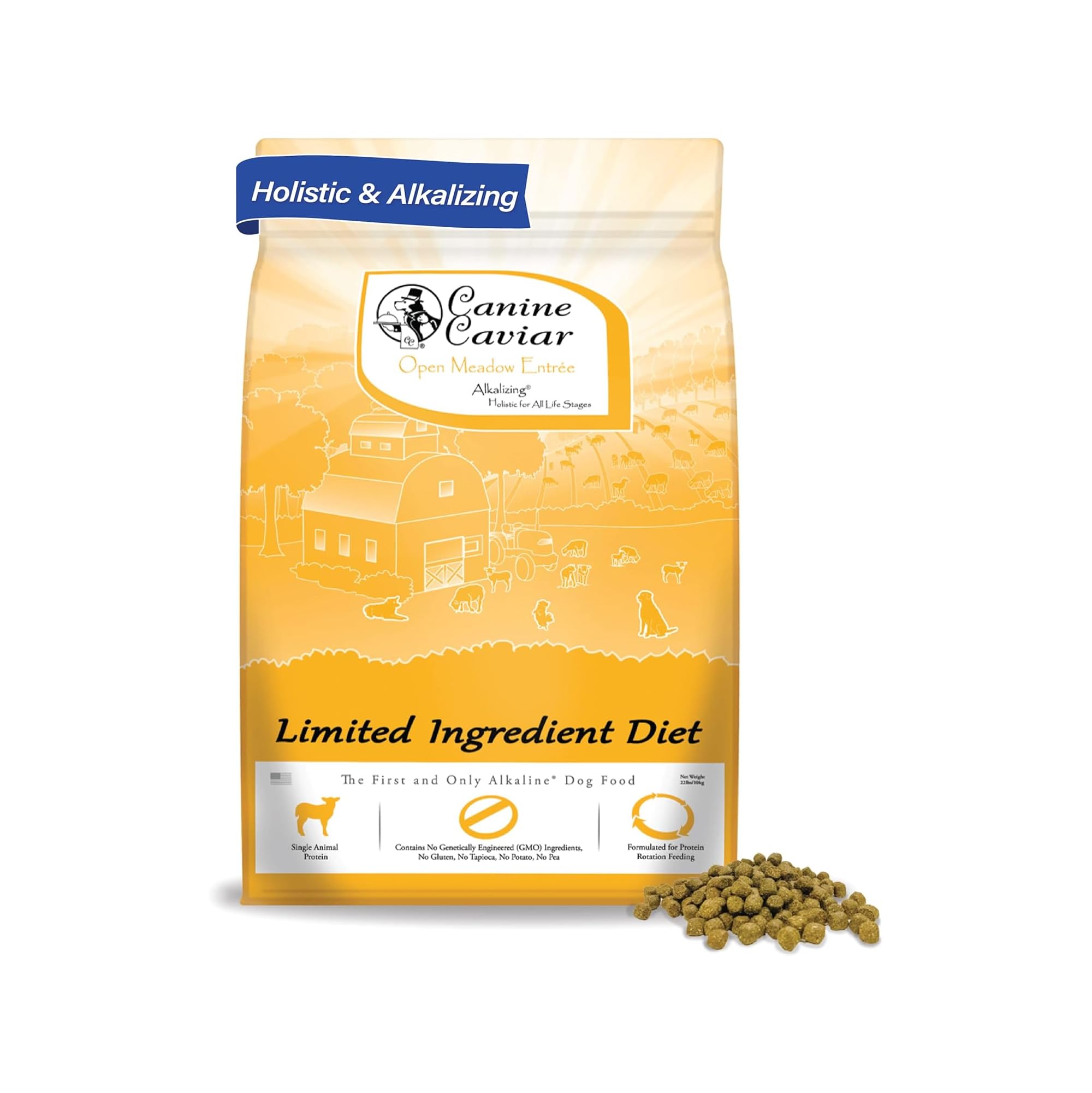 Canine Caviar Open Meadow lamb-pearl-millet kibble bag designed for sensitive digestion.