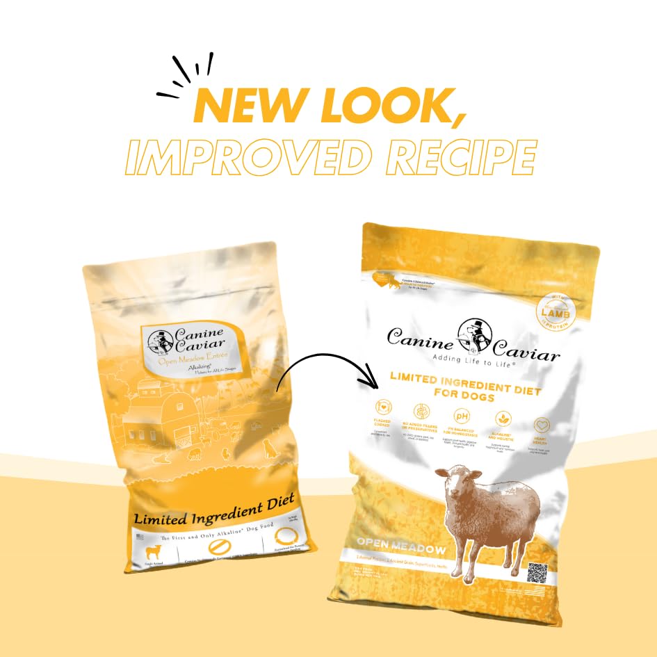 Canine Caviar Open Meadow pearl millet ingredients visual emphasizes gluten-free carbs