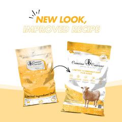 Canine Caviar Open Meadow pearl millet ingredients visual emphasizes gluten-free carbs