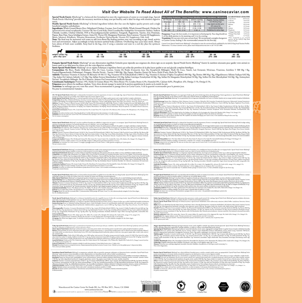 Canine Caviar Special Needs ingredient panel with 1 protein and 1 carb