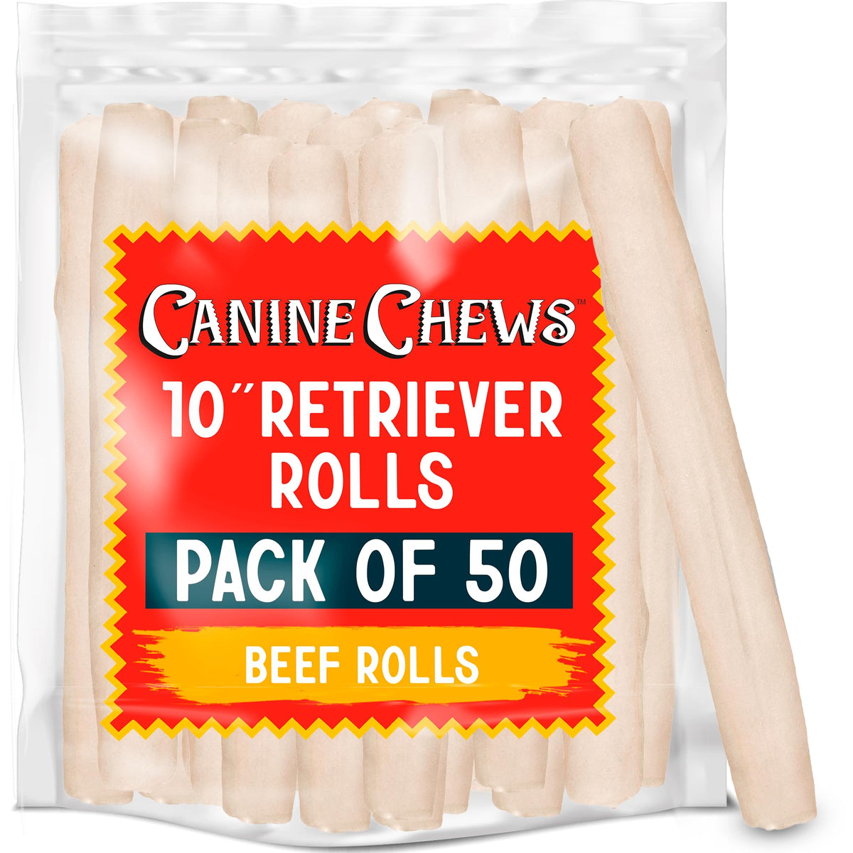 Canine Chews 10-inch rawhide roll for large dogs, long-lasting chew option.