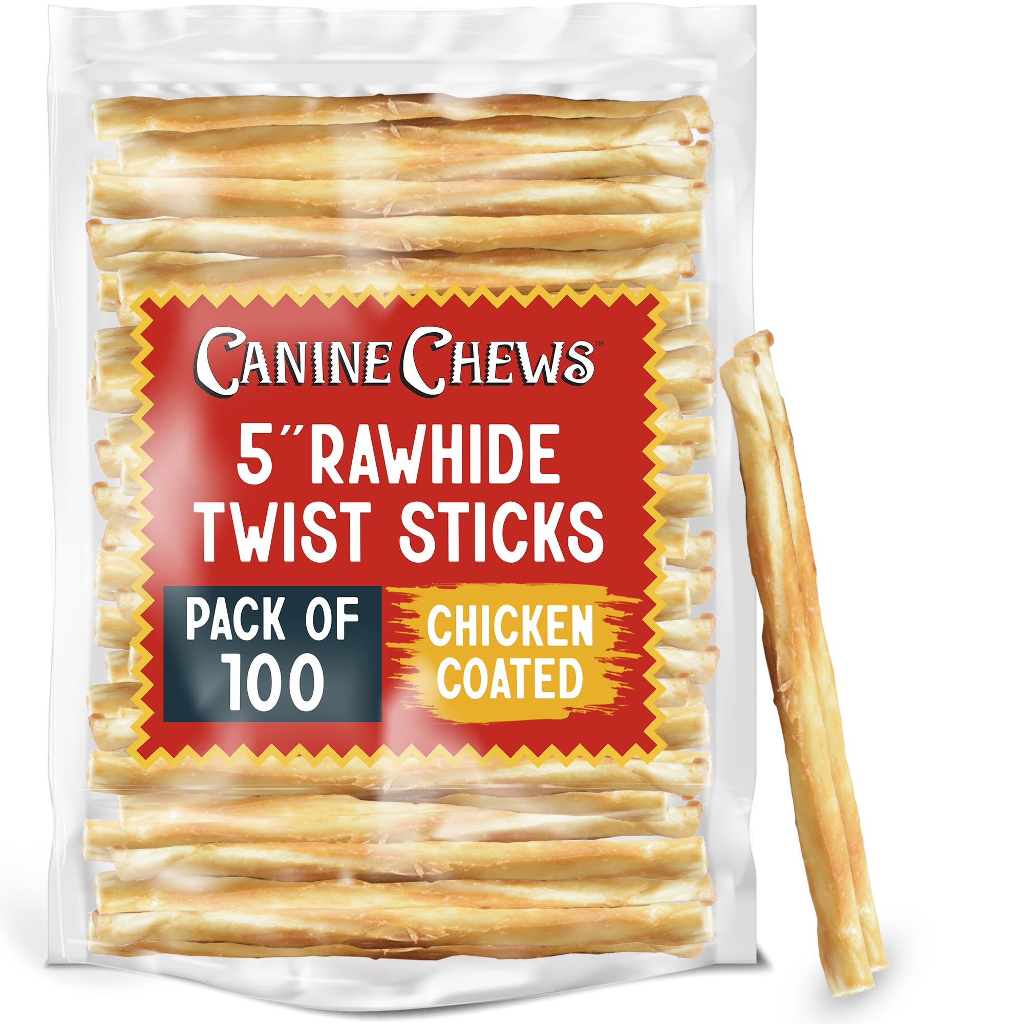 Canine Chews 5-inch chicken coated sticks for teething and protein.