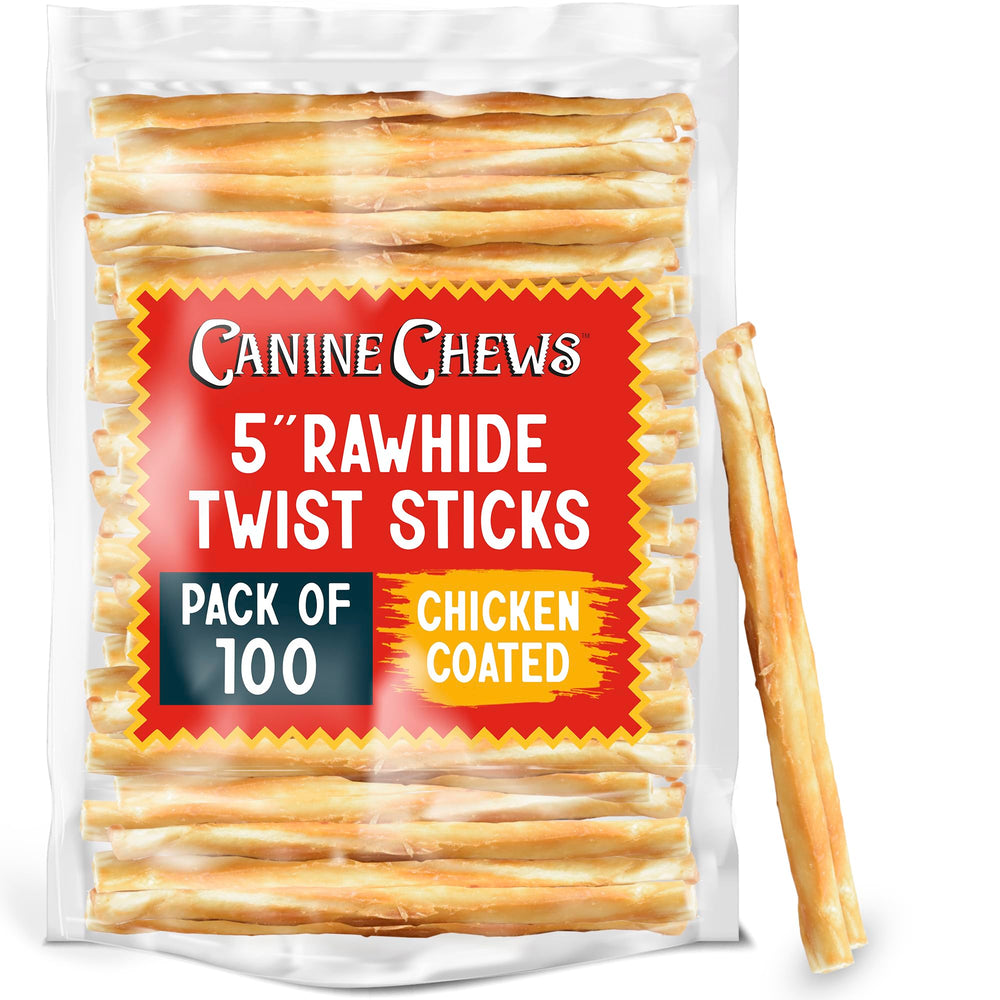 Canine Chews 5-inch chicken coated sticks for teething and protein.