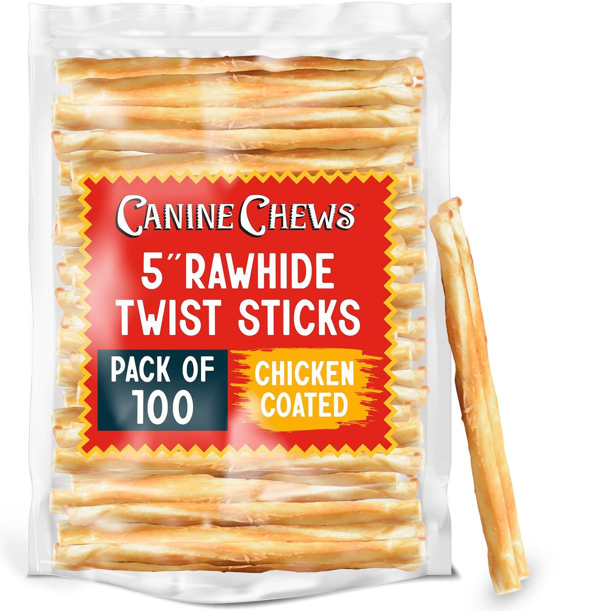 Canine Chews 5-inch chicken coated sticks for teething and protein.