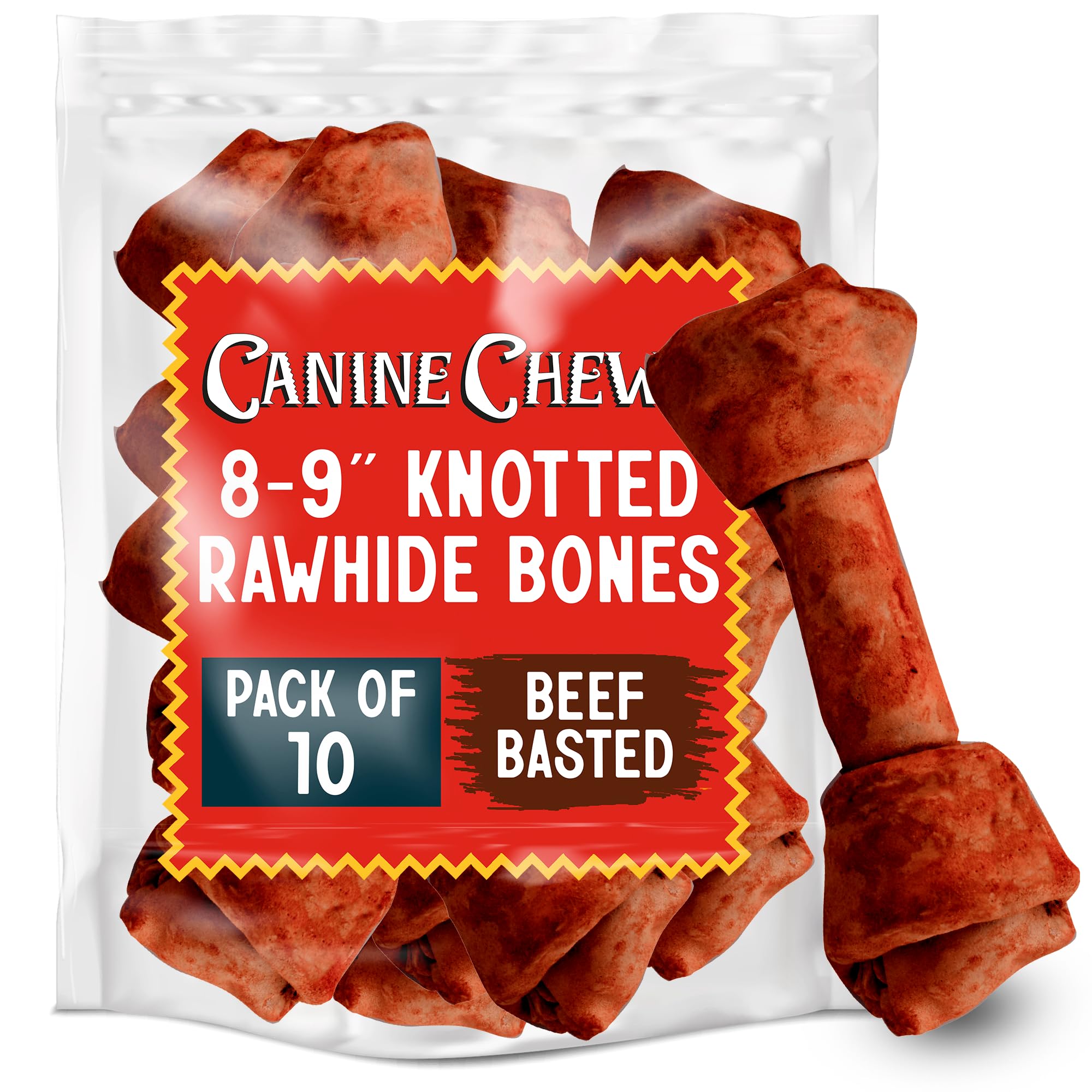 Canine Chews beef basted knotted rawhide bone 8-9 inch close-up for tough chewers