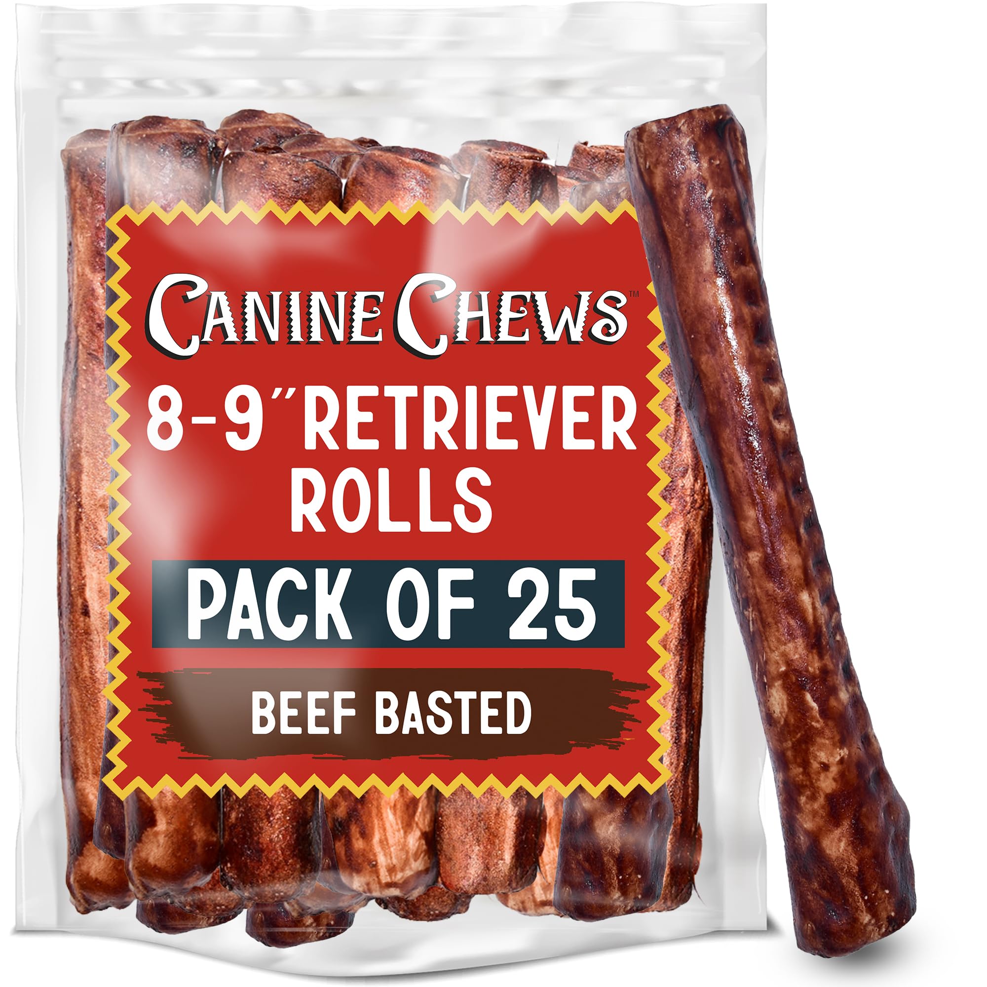 Canine Chews beef basted rawhide rolls 8-9in ideal for large dogs and long-lasting entertainment.