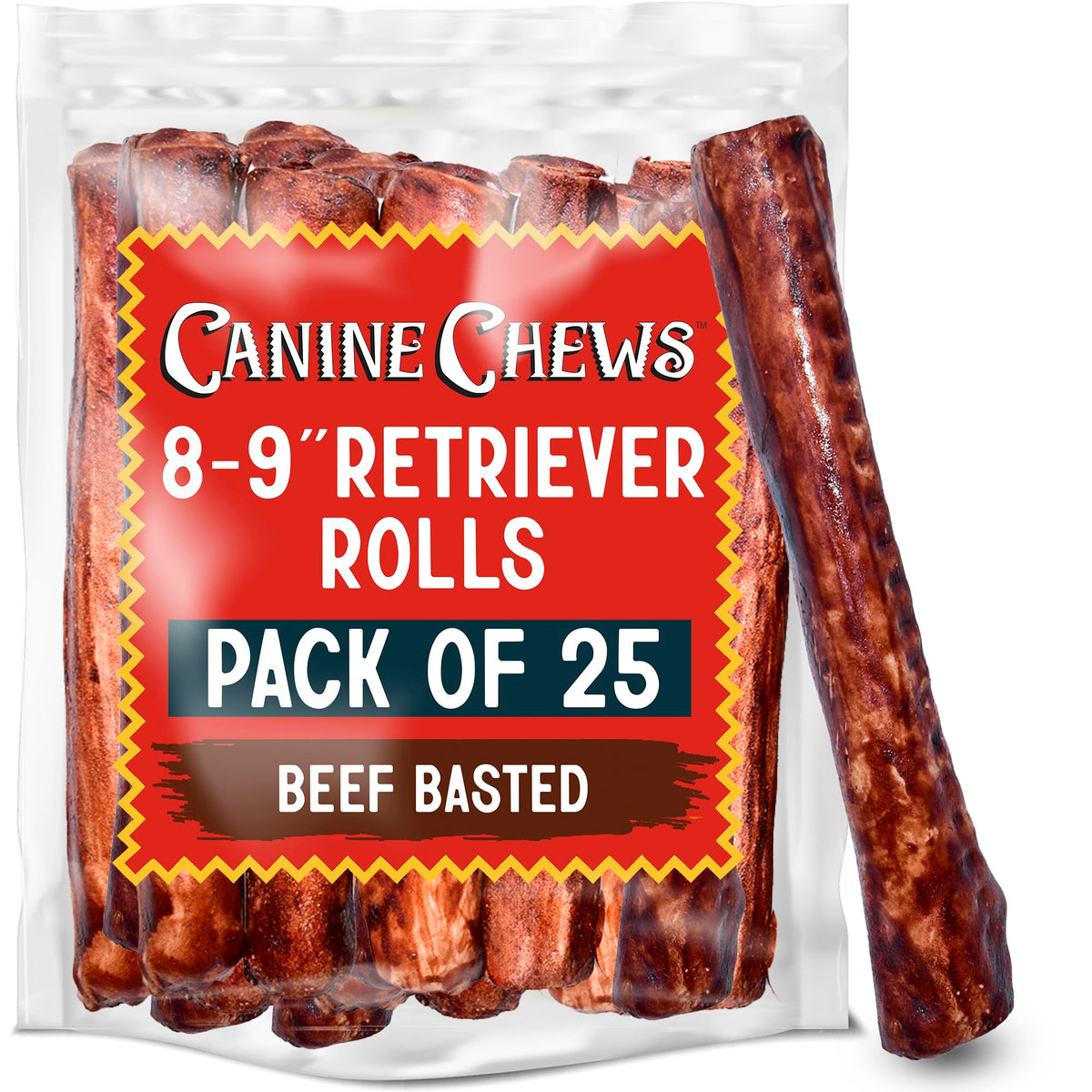 Canine Chews beef basted rawhide rolls 8-9in ideal for large dogs and long-lasting entertainment.
