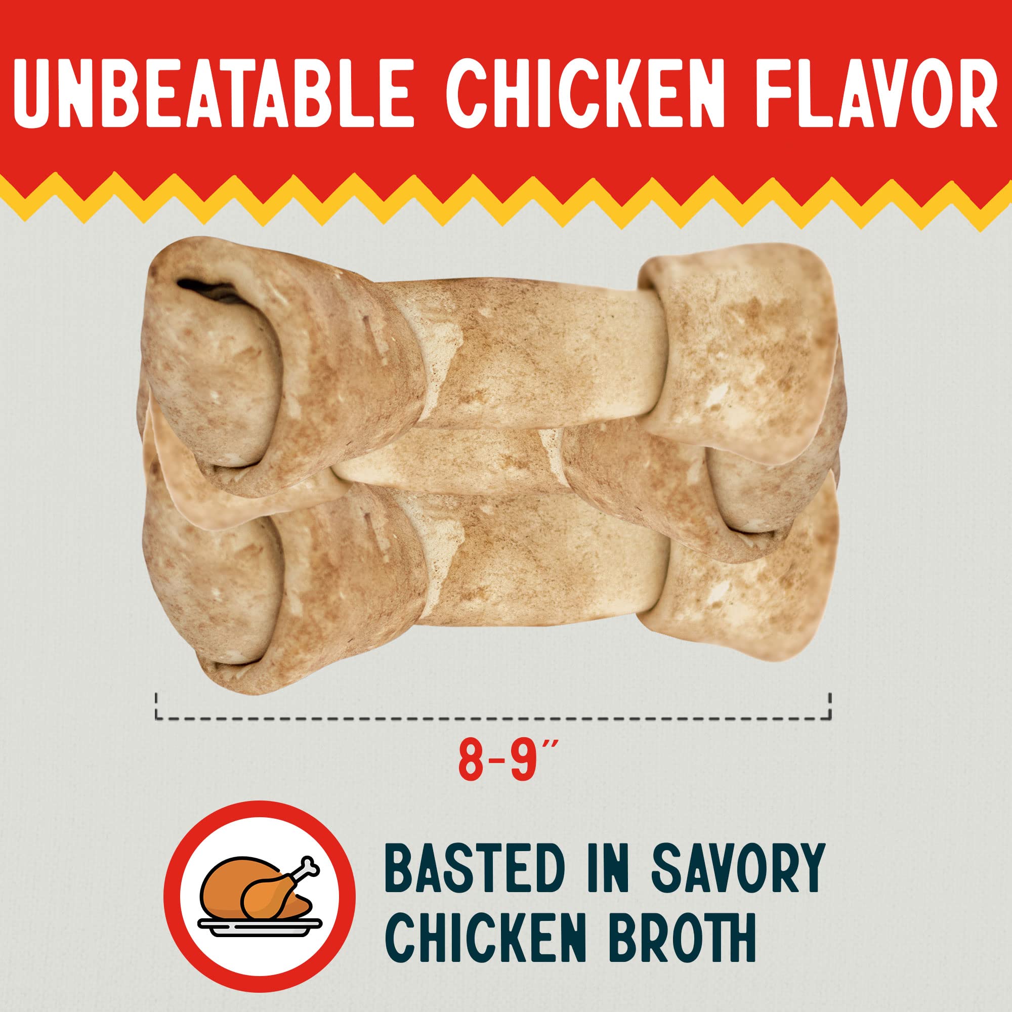 Beef hide bone dipped in chicken flavor for palatability