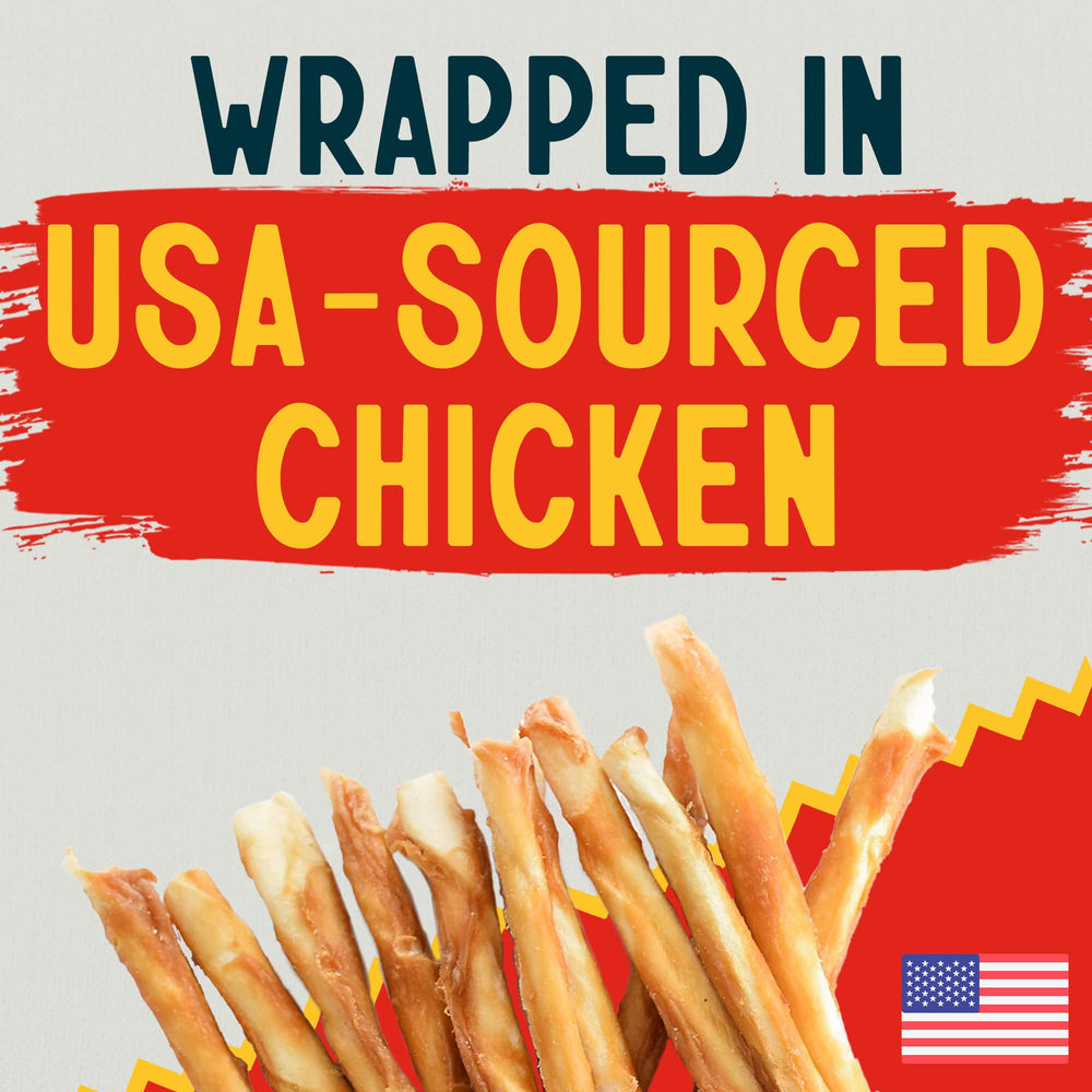 Canine Chews chicken-wrapped rawhide sticks with savory USA-sourced coating.