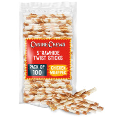 Canine Chews chicken-wrapped rawhide twist close-up, savory chew dogs enjoy.