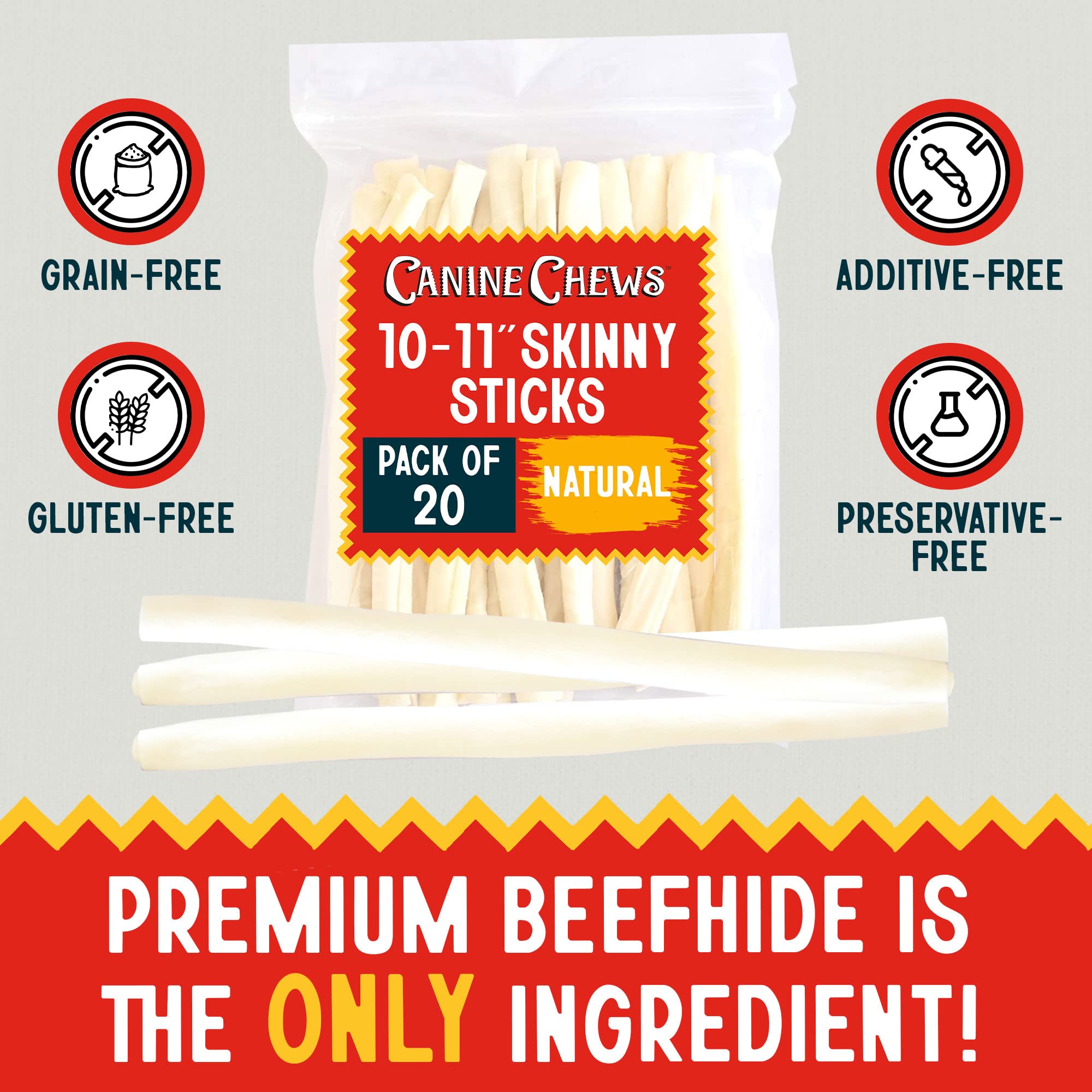Canine Chews odor-free rawhide, home-safe chewing option.