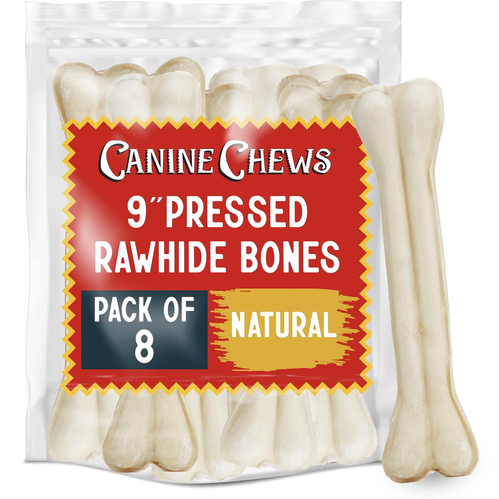 Canine Chews pressed rawhide bone 9-inch pack, long-lasting chew for large dogs