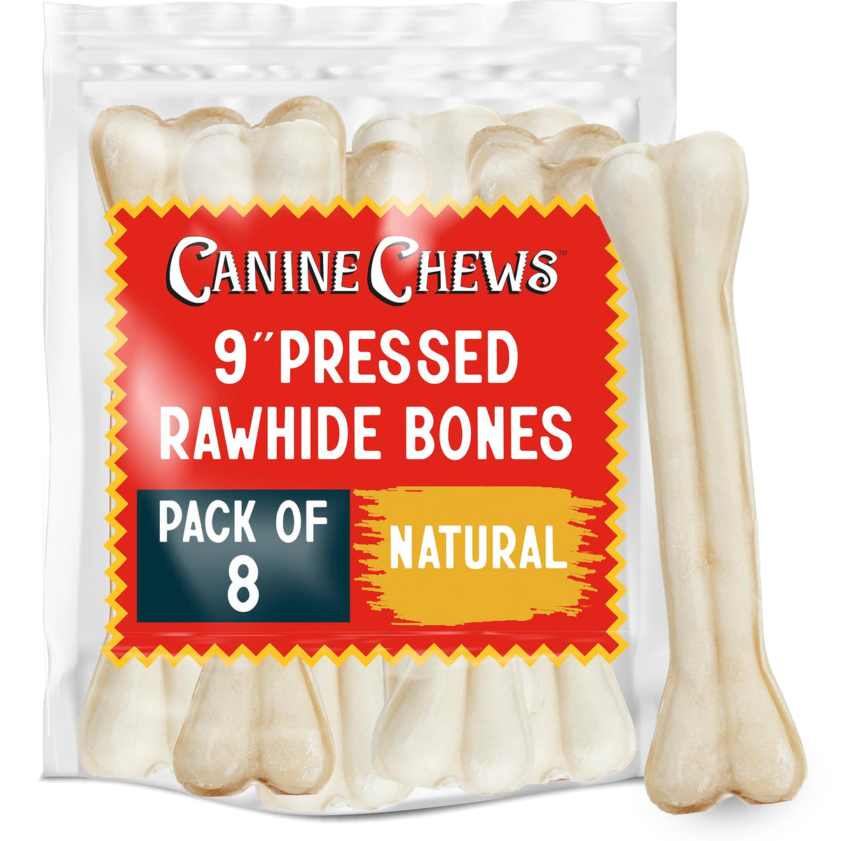 Canine Chews pressed rawhide bone 9-inch pack, long-lasting chew for large dogs