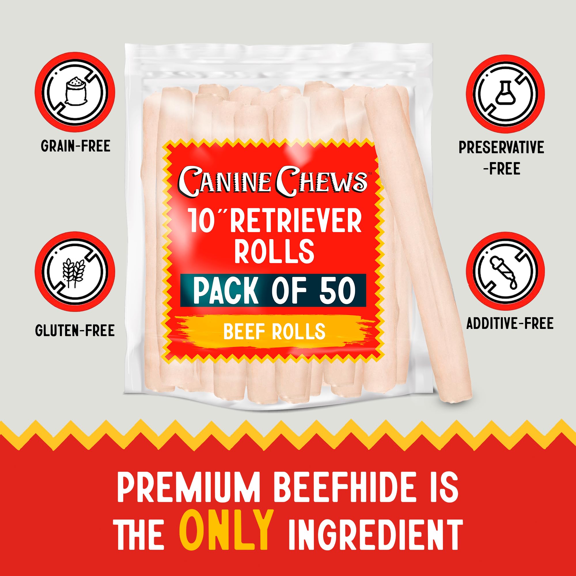 Canine Chews rawhide bones single-sheet design, durable chew for aggressive chewers.