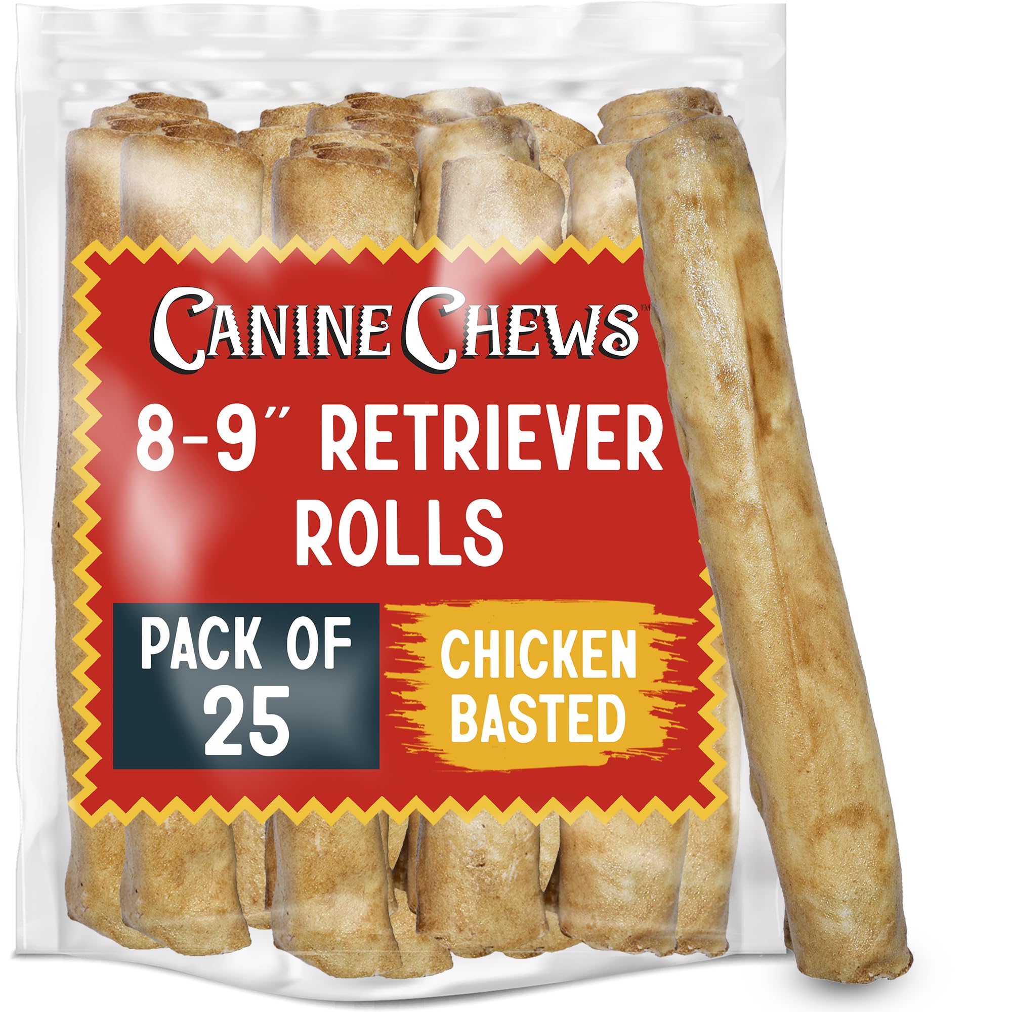 Canine Chews Retriever Rolls packaging, 25-pack, ideal for regular rewards.