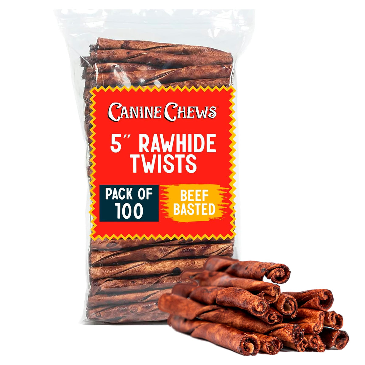 Canine Chews small rawhide twists 5in pack: beef flavor for small dogs.