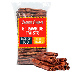 Canine Chews small rawhide twists 5in pack: beef flavor for small dogs.