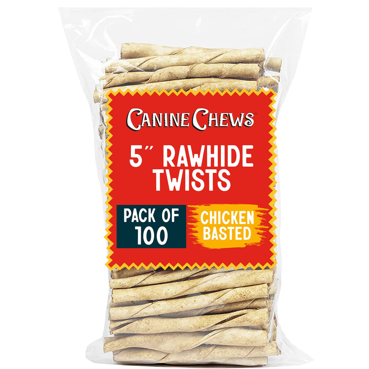 Canine Chews small rawhide twists in chicken flavor for small dogs—satisfies chewing instinct.