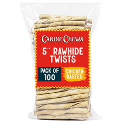 Canine Chews small rawhide twists in chicken flavor for small dogs—satisfies chewing instinct.
