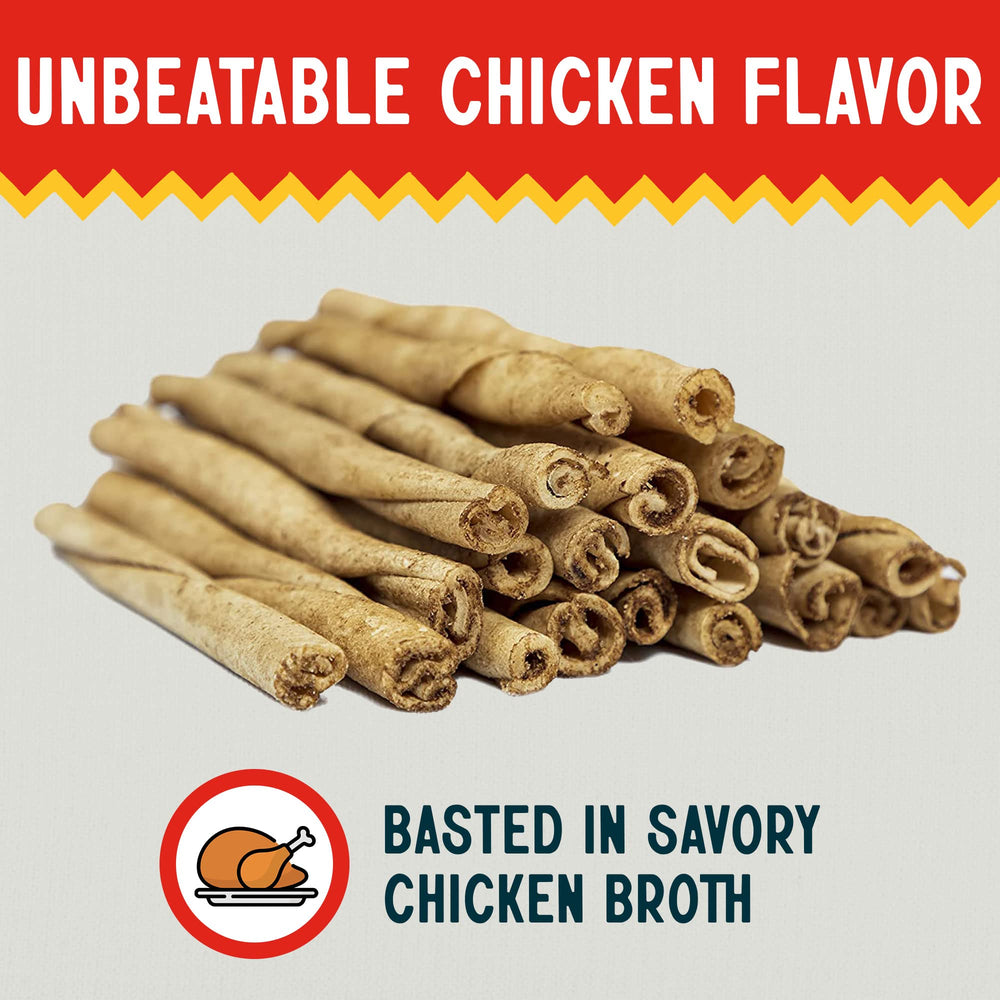 Savory chicken aroma on Canine Chews rawhide twists for daily gnaw time.