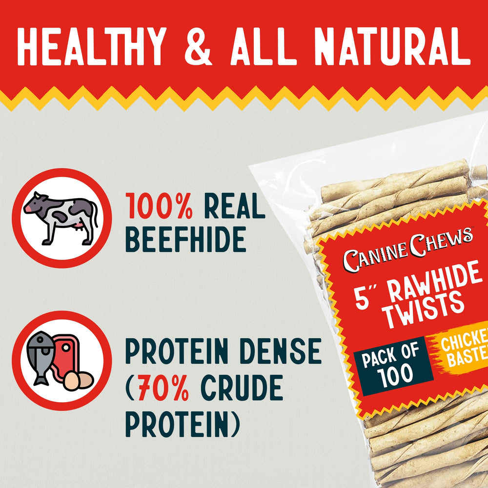 Natural beef hide with chicken flavor from Canine Chews supports dental chewing.
