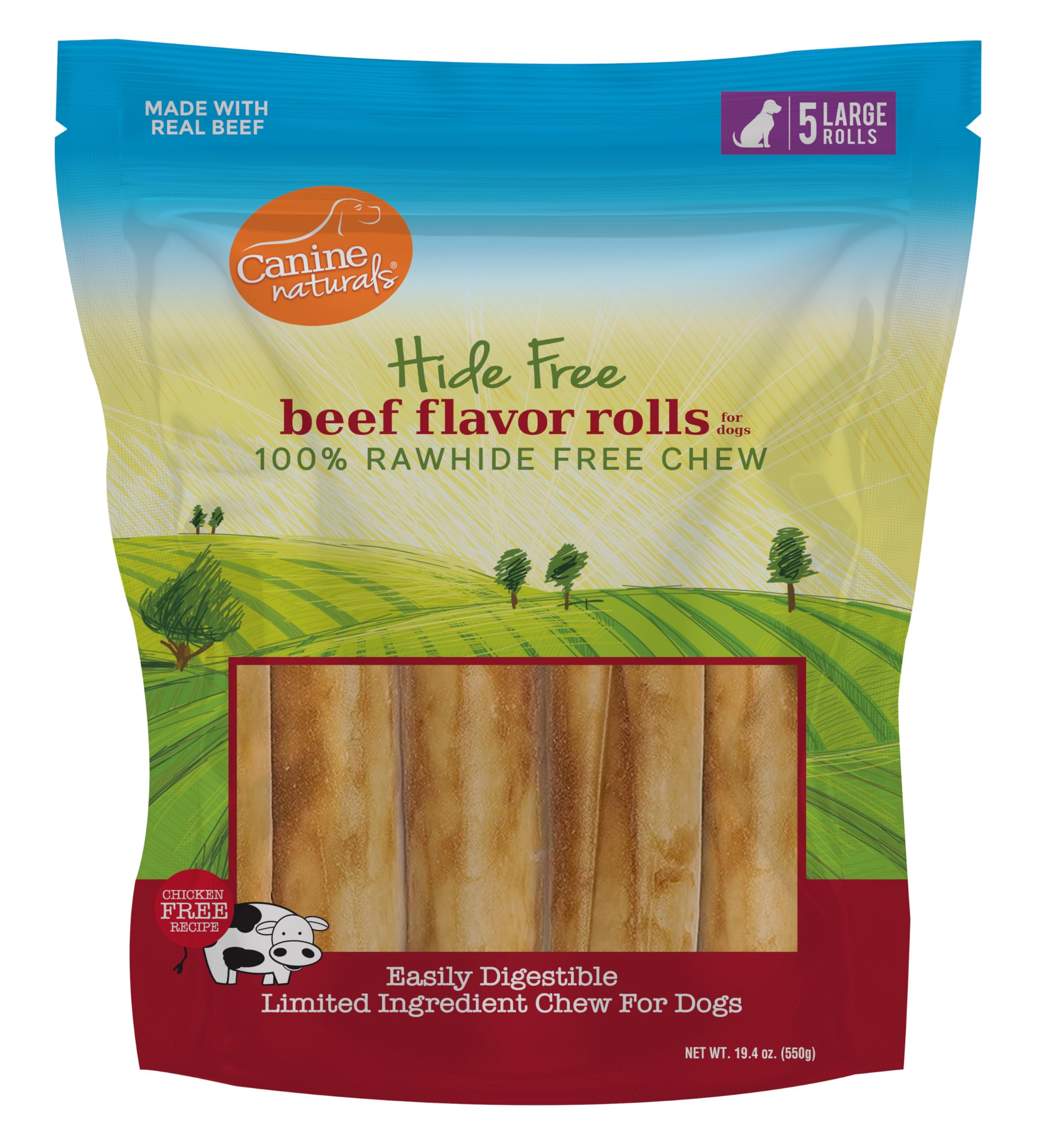 Canine Naturals beef chew 7-inch roll for dogs 50-75 lb, long chew time.