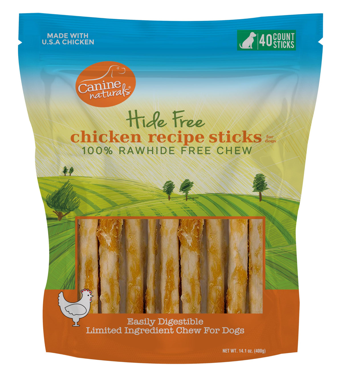 Canine Naturals chicken-chew-stick 5 inch, durable dental chew for dogs.