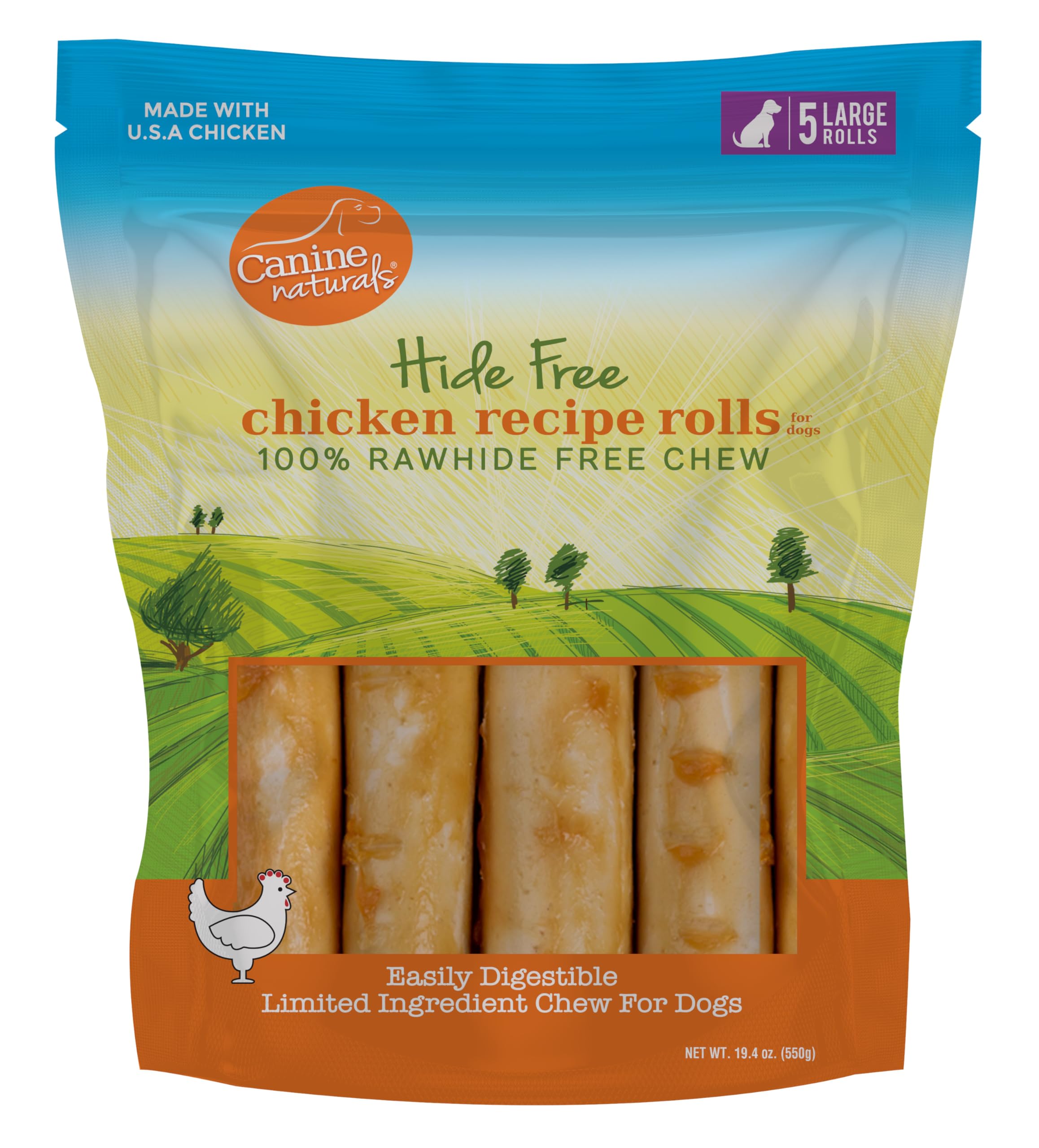 Canine Naturals Chicken Recipe Chew packaging highlights rawhide-free ingredients.