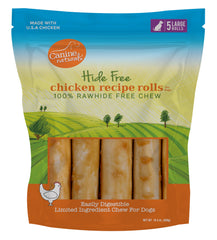 Canine Naturals Chicken Recipe Chew packaging highlights rawhide-free ingredients.