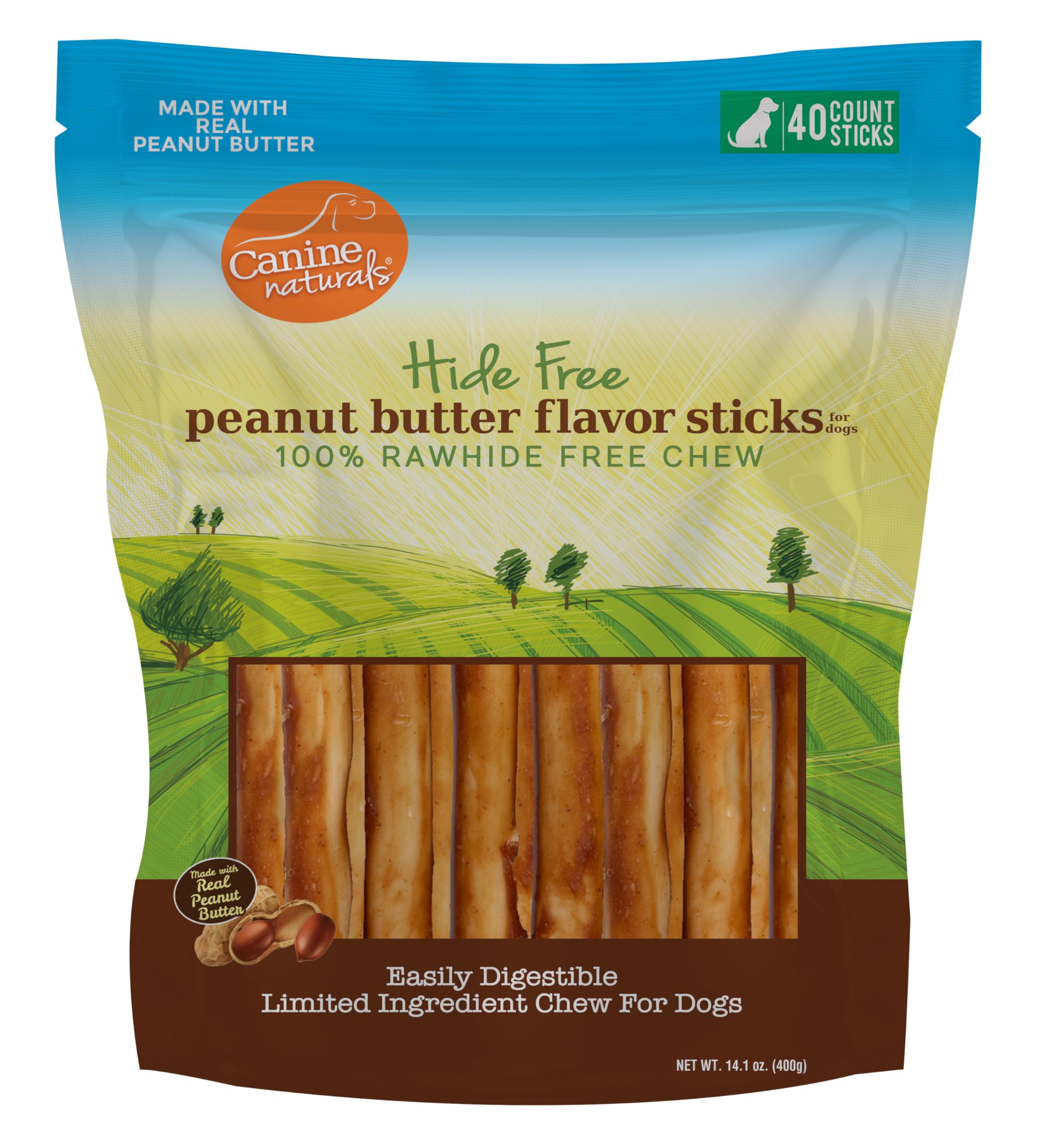 Canine Naturals Peanut Butter Chew outer-pack shows rawhide-free packaging for safer chewing.