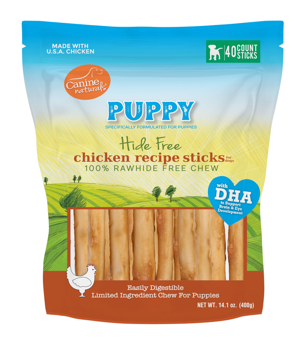 Canine Naturals puppy chicken and rice chew 5-inch stick for gentle digestion.