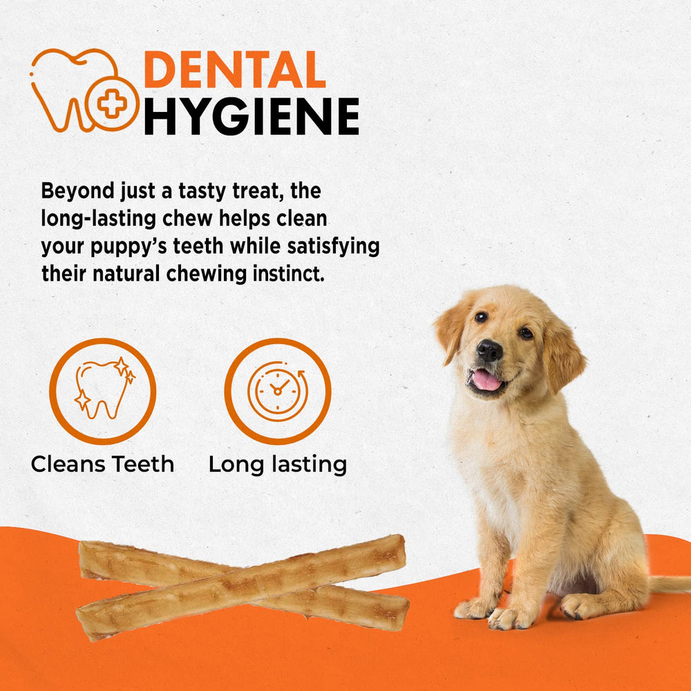 Canine Naturals puppy chew demonstrating dental hygiene and chewing action.