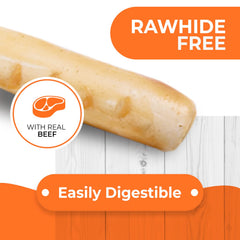 Canine Naturals rawhide-free chew close-up showing texture and ingredients.